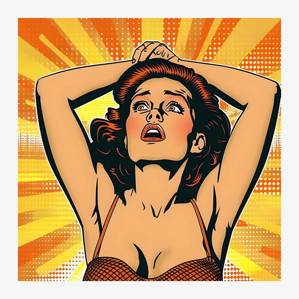 Portrait pop art rétro d'une femme aux cheveux bruns, les bras levés, sur un fond de rayons jaunes et oranges avec motif de.