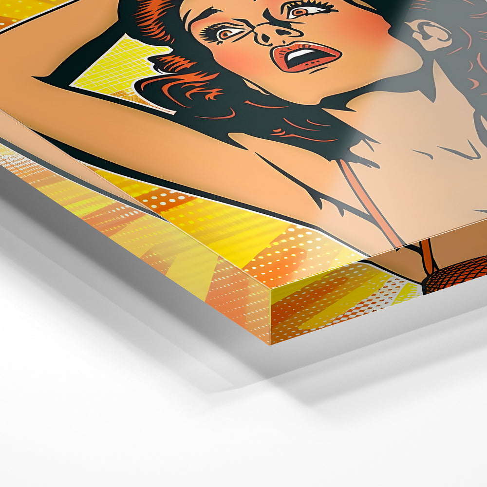 Gros plan de la matière : le tirage sous verre acrylique, tranche transparente visible.