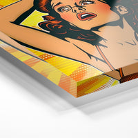 Gros plan de la matière : le tirage sous verre acrylique, tranche transparente visible.