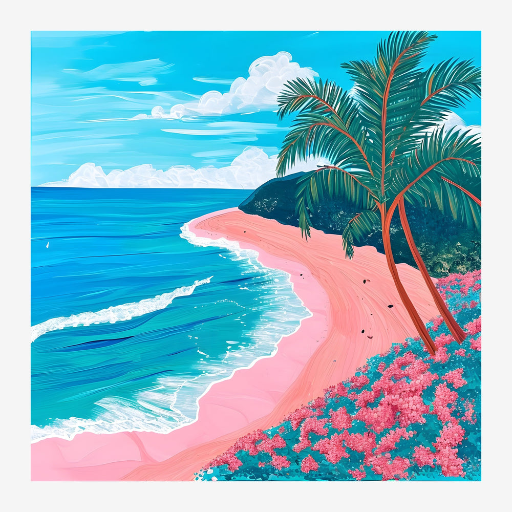 Une plage tropicale avec sable rose, palmier aux troncs rouges, fleurs roses vif, vagues turquoise et ciel bleu clair dans.