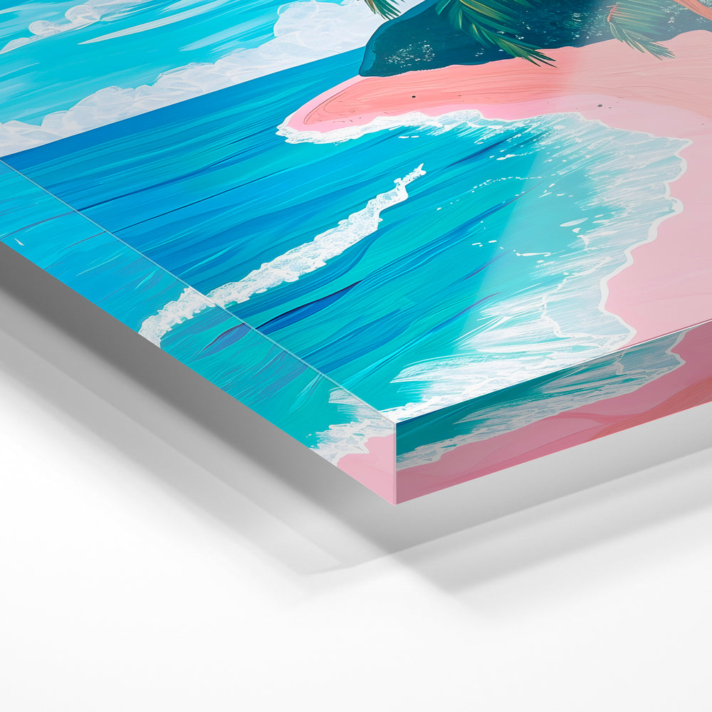 Gros plan de la matière : le tirage sous verre acrylique, tranche transparente visible.