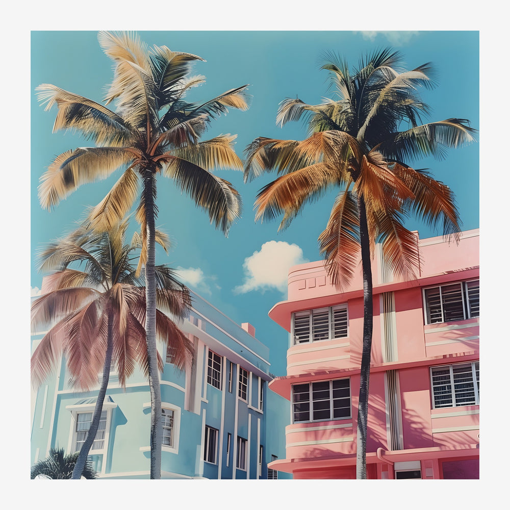 Deux palmiers encadrent des bâtiments aux façades rose et bleu sous un ciel bleu clair avec nuages blancs, style pop-art.