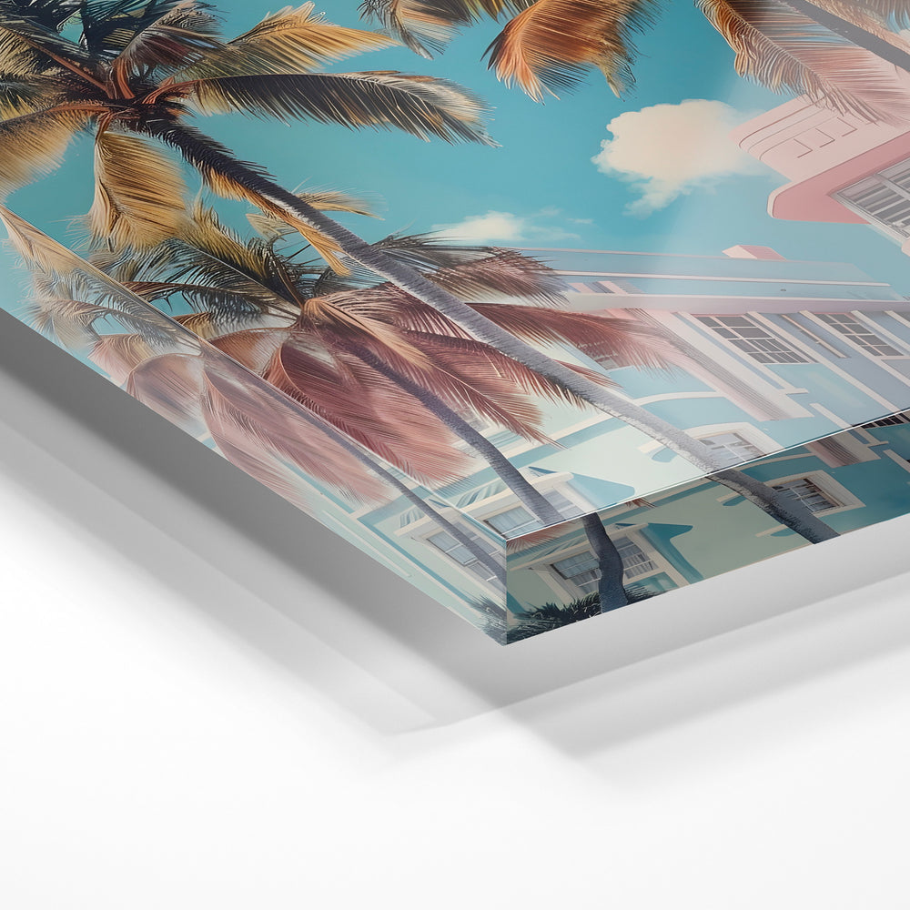 Gros plan de la matière : le tirage sous verre acrylique, tranche transparente visible.