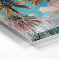 Gros plan de la matière : le tirage sous verre acrylique, tranche transparente visible.