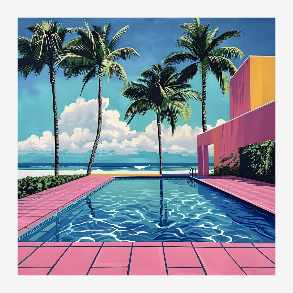 Illustration pop art représentant une piscine turquoise entourée d'un dallage rose, avec des palmiers et une architecture.