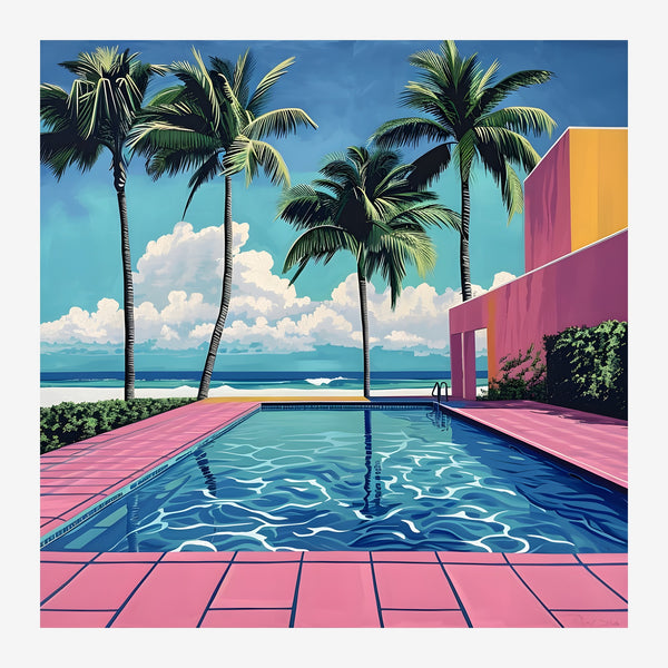 Illustration pop art représentant une piscine turquoise entourée d'un dallage rose, avec des palmiers et une architecture.