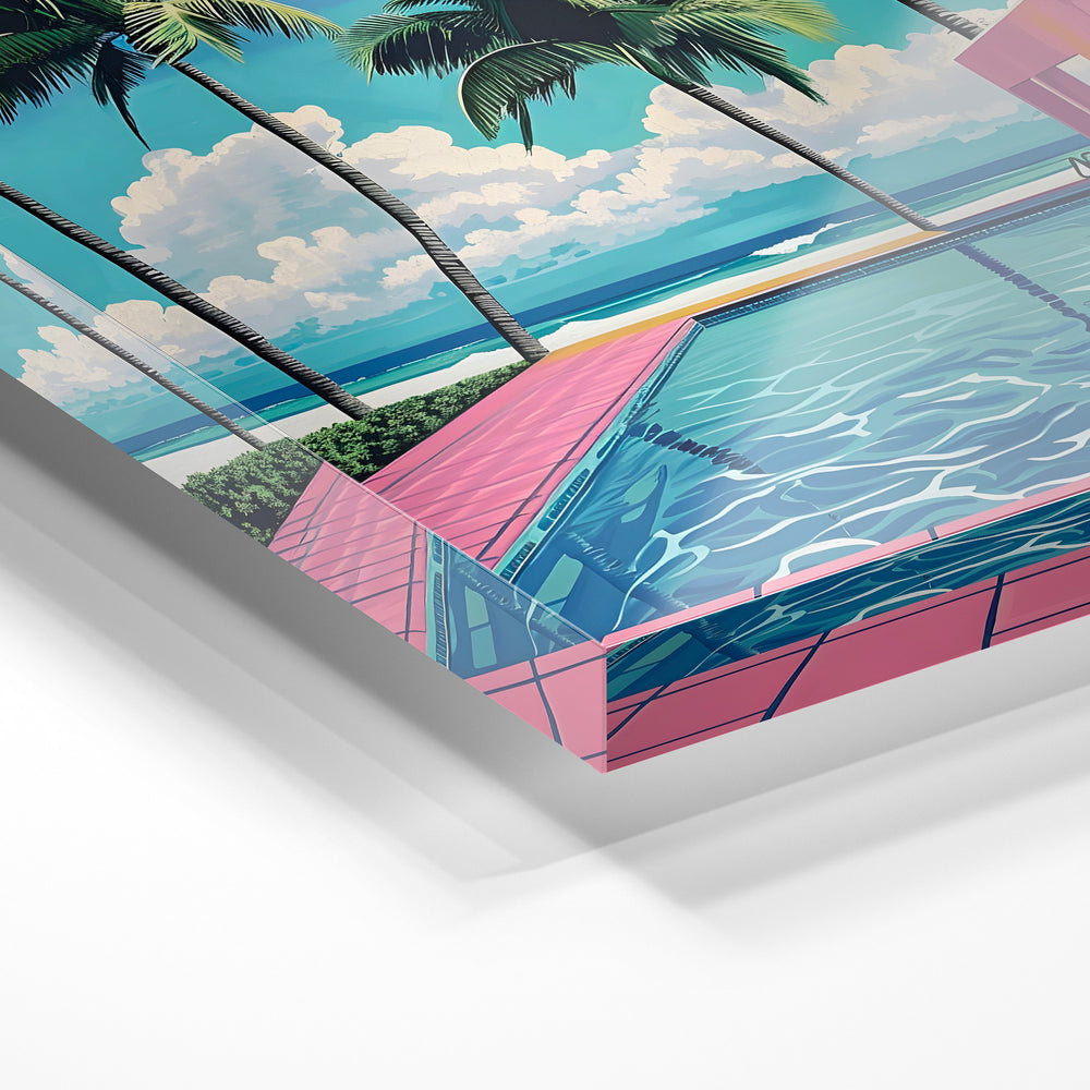 Gros plan de la matière : le tirage sous verre acrylique, tranche transparente visible.