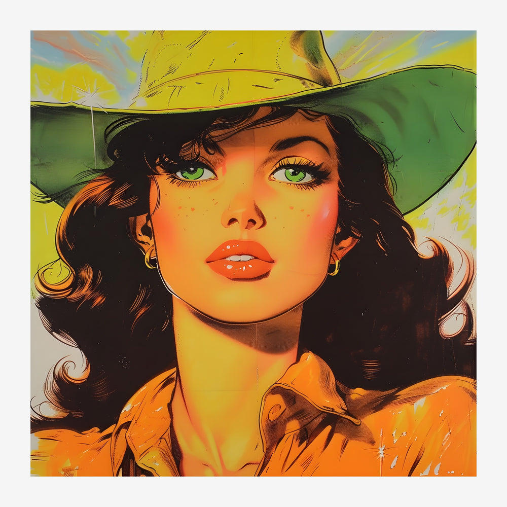 Portrait pop-art d'une femme aux yeux verts portant un chapeau vert et jaune et une veste orange, aux couleurs jaune, noir.
