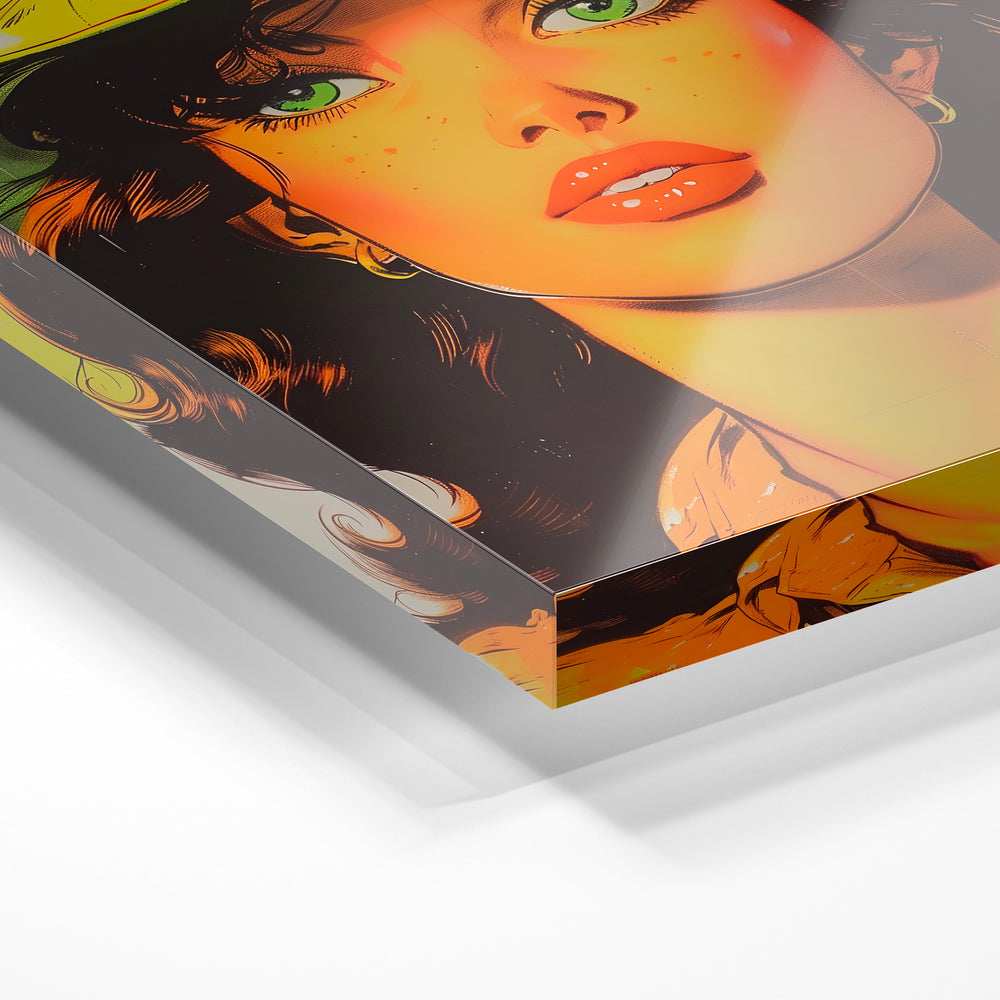 Gros plan de la matière : le tirage sous verre acrylique, tranche transparente visible.