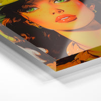 Gros plan de la matière : le tirage sous verre acrylique, tranche transparente visible.