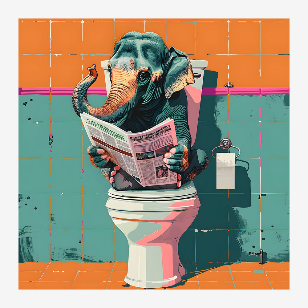Un éléphant assis sur des toilettes tient un journal ouvert entre ses pattes, dans un décor pop-art aux couleurs orange.