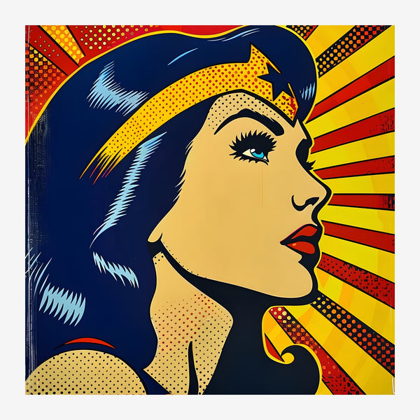 Portrait pop art d'une femme en profil aux cheveux bleu nuit, entourée de rayons jaunes et rouges sur un fond de motifs.