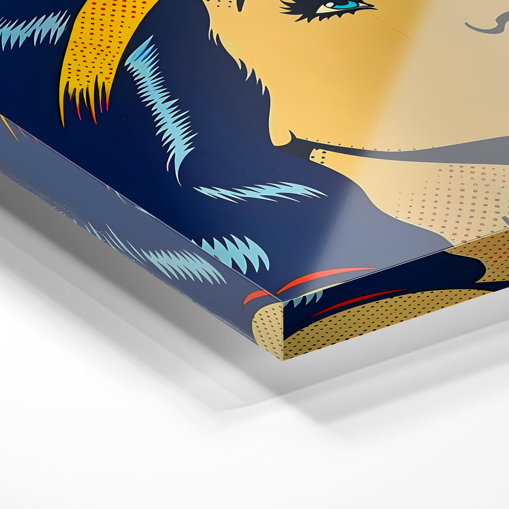 Gros plan de la matière : le tirage sous verre acrylique, tranche transparente visible.