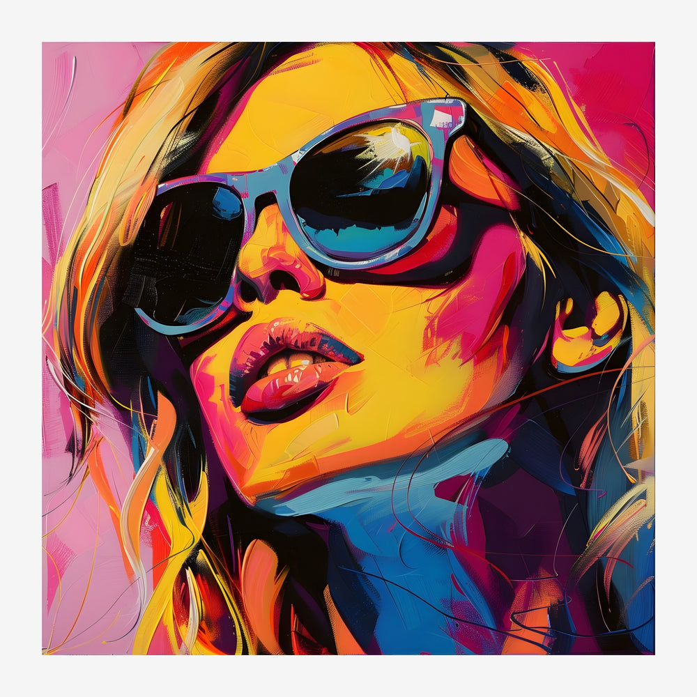 Portrait d'une femme aux lunettes de soleil, traité en pop art avec des couleurs vibrantes jaune, rose et bleu sur fond noir.