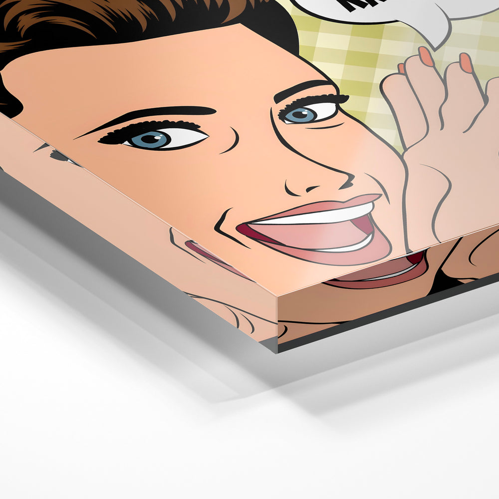 Gros plan de la matière : le tirage sous verre acrylique, tranche transparente visible.