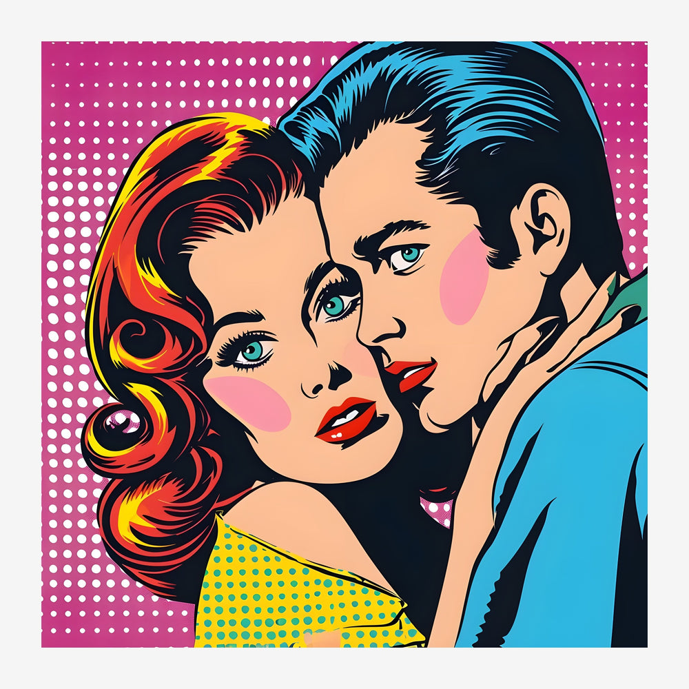 Illustration pop art d'un couple face à face sur fond rose à pois blancs, avec la femme aux cheveux rouges et l'homme aux.