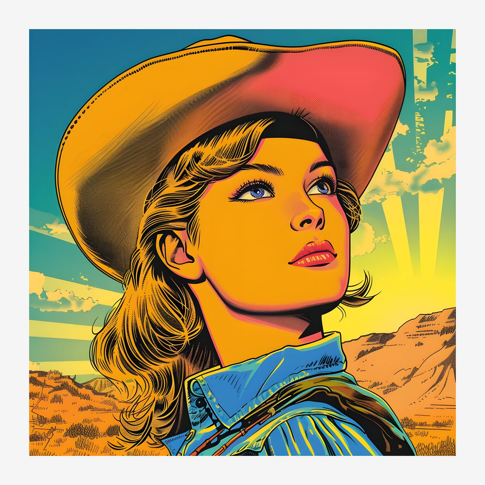 Portrait stylisé d'une femme portant un chapeau de cow-boy aux teintes ocre et bleu, dans un style pop-art rétro avec.