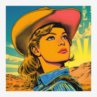 Portrait stylisé d'une femme portant un chapeau de cow-boy aux teintes ocre et bleu, dans un style pop-art rétro avec.