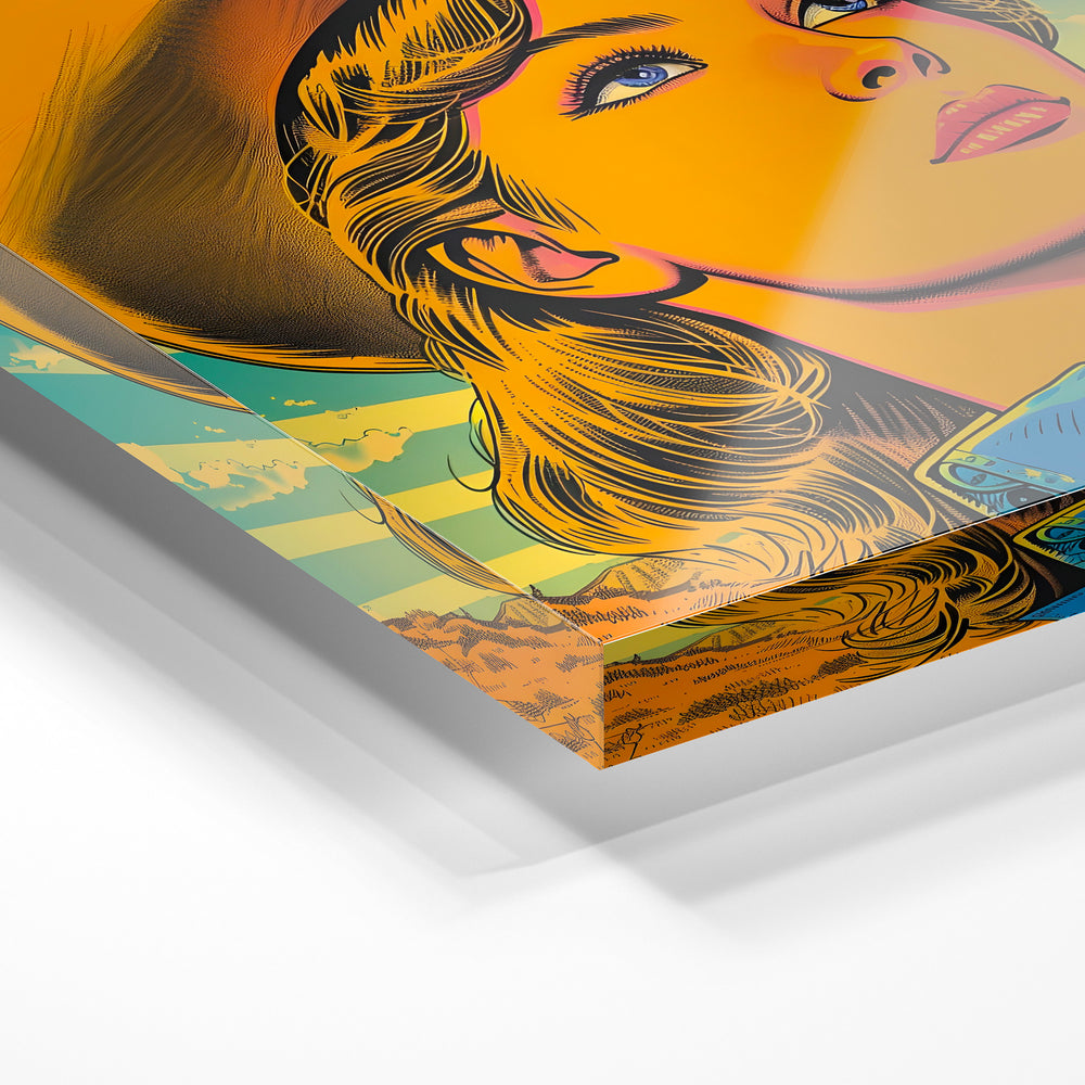 Gros plan de la matière : le tirage sous verre acrylique, tranche transparente visible.