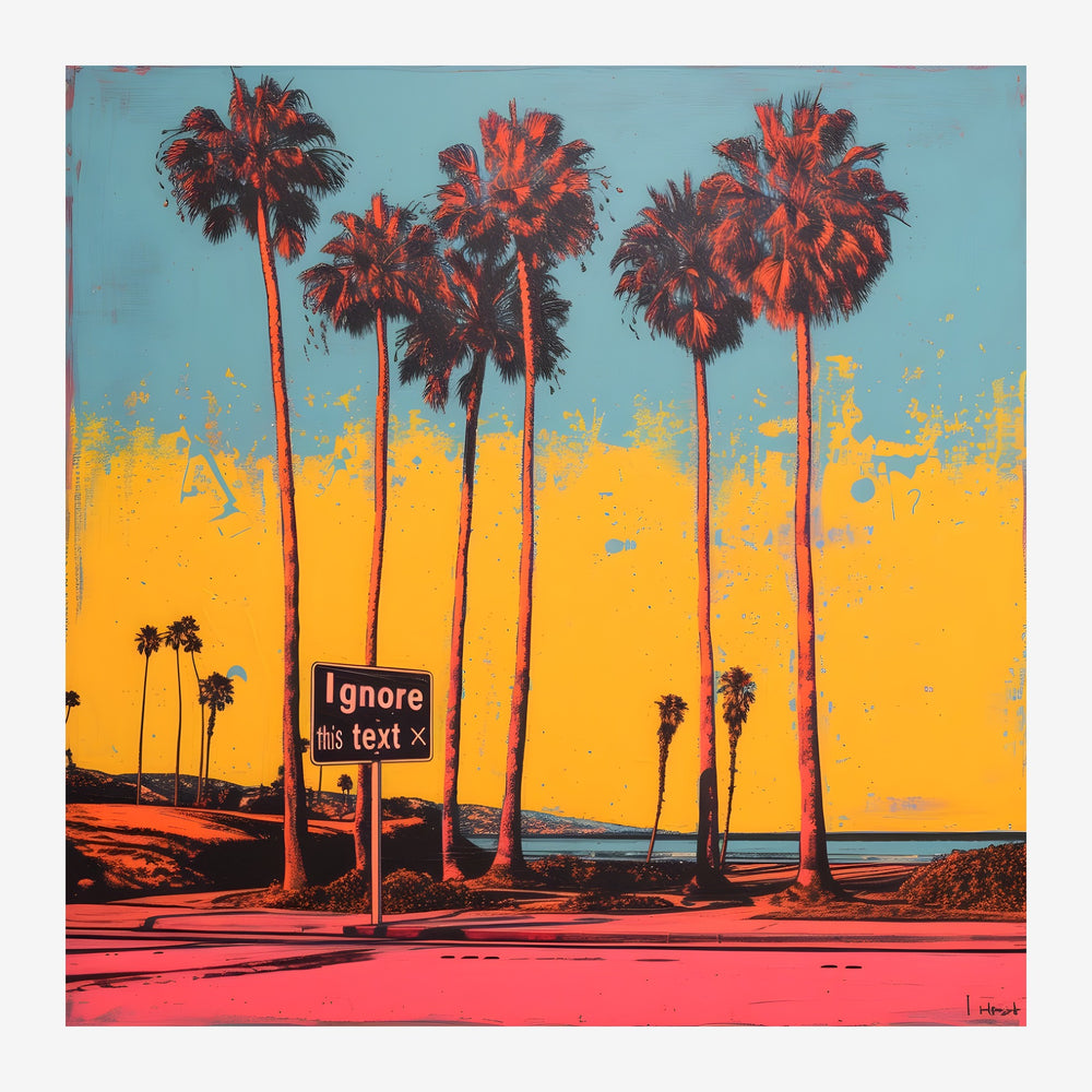 Affiche pop art représentant cinq palmiers aux troncs rouges et feuillages noirs contre un ciel bleu turquoise et un horizon.