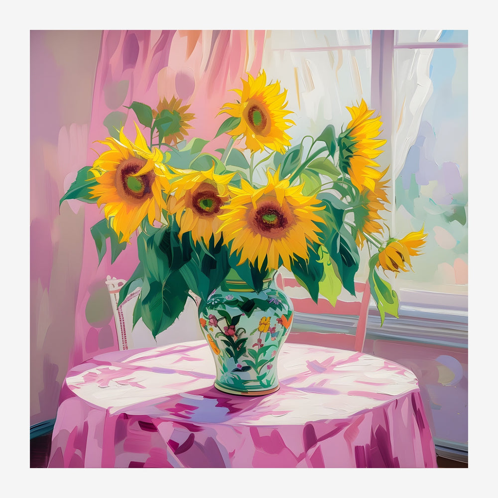 Bouquet de tournesols jaunes dans un vase décoratif sur une table ronde rose, sous une lumière douce traversant une fenêtre.