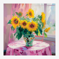 Bouquet de tournesols jaunes dans un vase décoratif sur une table ronde rose, sous une lumière douce traversant une fenêtre.