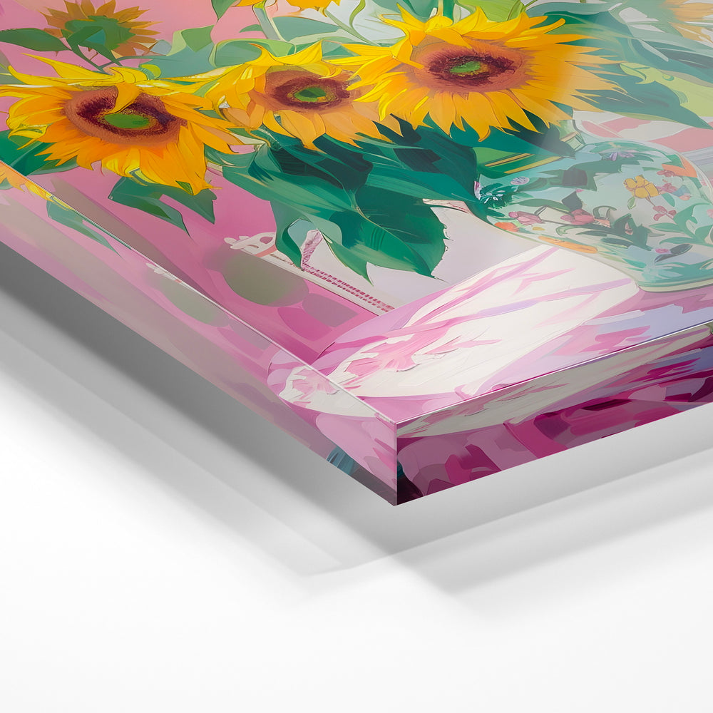 Gros plan de la matière : le tirage sous verre acrylique, tranche transparente visible.
