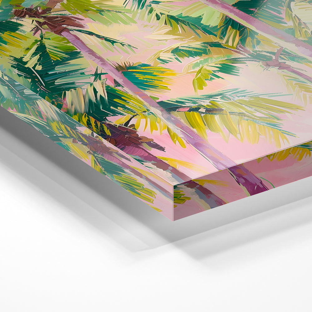 Gros plan de la matière : le tirage sous verre acrylique, tranche transparente visible.