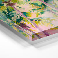 Gros plan de la matière : le tirage sous verre acrylique, tranche transparente visible.
