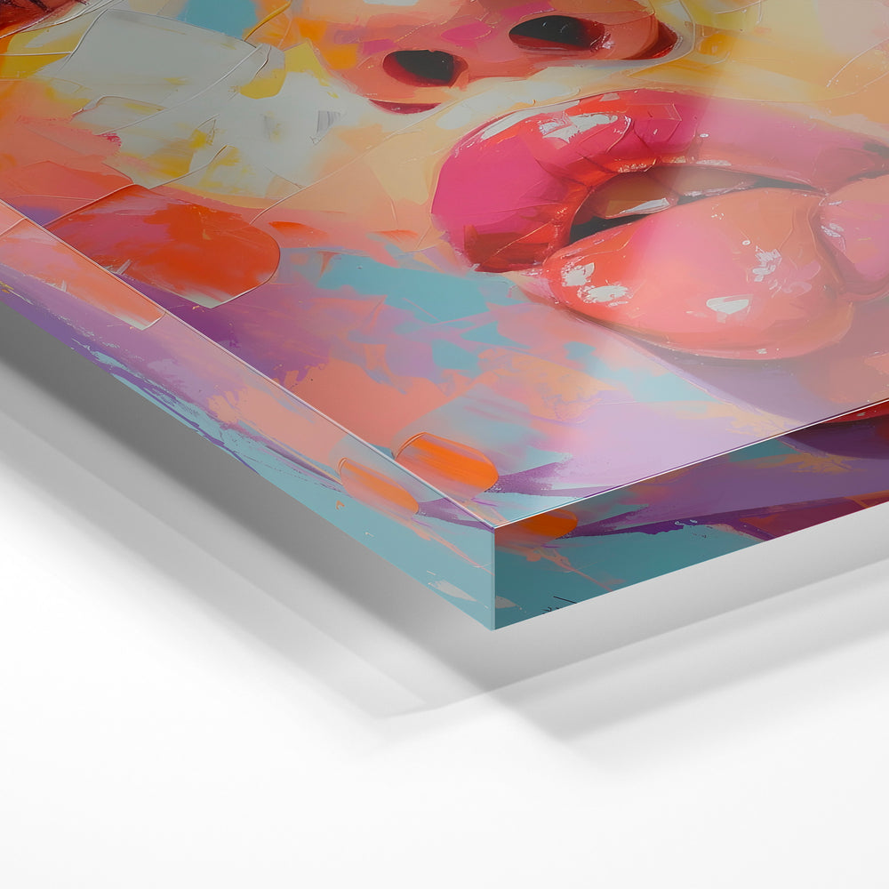Gros plan de la matière : le tirage sous verre acrylique, tranche transparente visible.