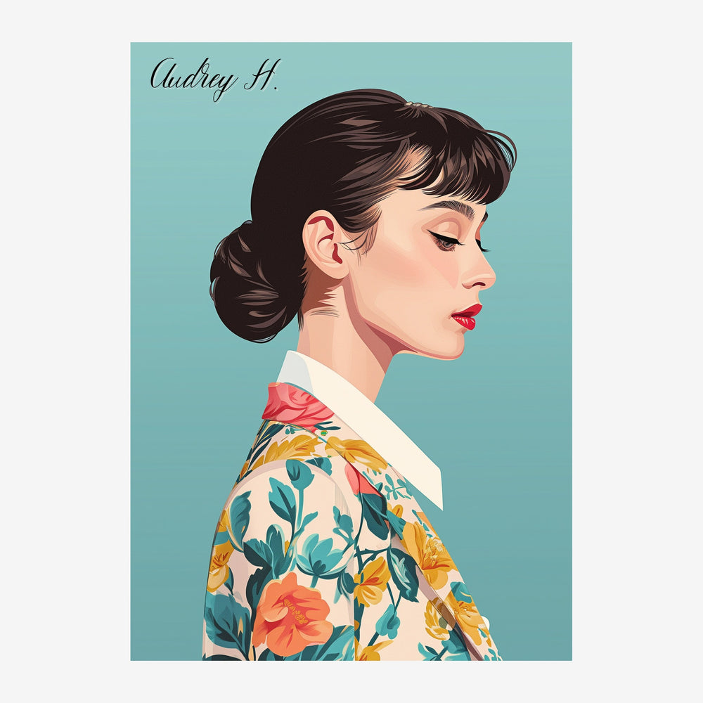 Portrait en profil d'une femme aux cheveux noirs relevés en chignon, vêtue d'une veste à fleurs colorées avec col blanc, sur.
