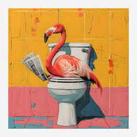 Illustration pop art d'un flamant rose rouge assis sur des toilettes blanches et tenant un journal, sur un fond carrelé.