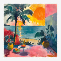 Illustration de style pop art montrant une scène de plage tropicale au coucher de soleil avec palmiers, fruits, table basse.