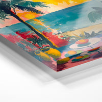 Gros plan de la matière : le tirage sous verre acrylique, tranche transparente visible.