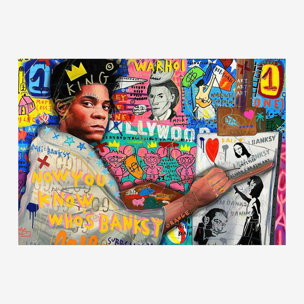 Affiche pop art combinant un portrait au profil expressif, des éléments colorés géométriques, des silhouettes en noir et.