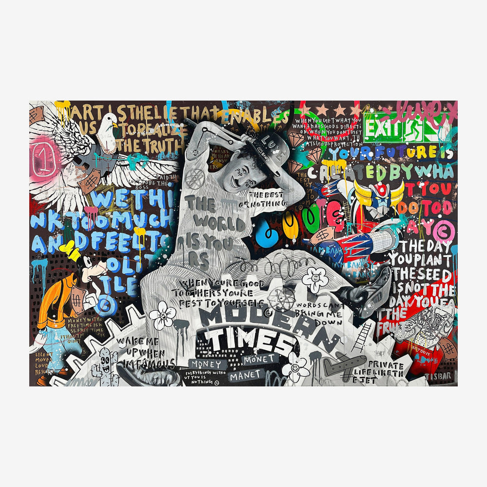Illustration pop art en nuances de gris : un grand cœur ondulé au centre, couvert de textes entrecroisés, devant un mur.