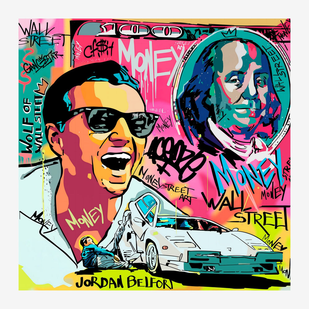 Affiche pop art composée de deux portraits colorés, de graffitis textuels et d'une voiture blanche, dans une palette rose.