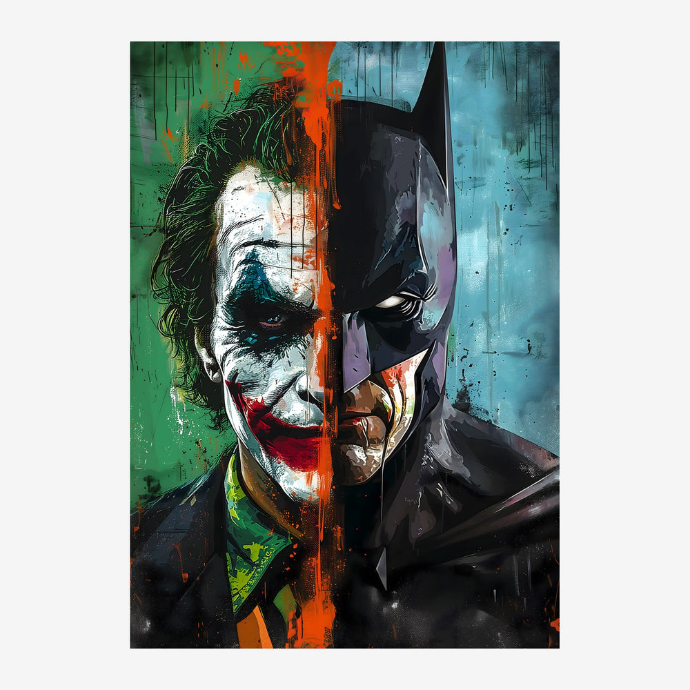 Affiche pop art montrant un visage scindé en deux : à gauche un personnage grimaçant aux traits blancs et rouges, à droite.