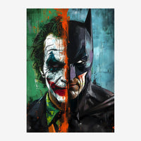 Affiche pop art montrant un visage scindé en deux : à gauche un personnage grimaçant aux traits blancs et rouges, à droite.