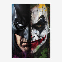 Portrait pop-art montrant deux visages masqués opposés, l'un noir et l'un blanc avec du rouge, sur fond gris avec.