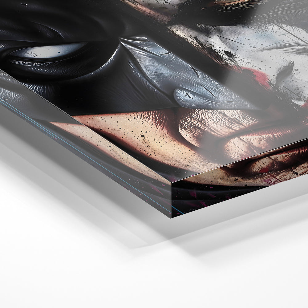 Gros plan de la matière : le tirage sous verre acrylique, tranche transparente visible.
