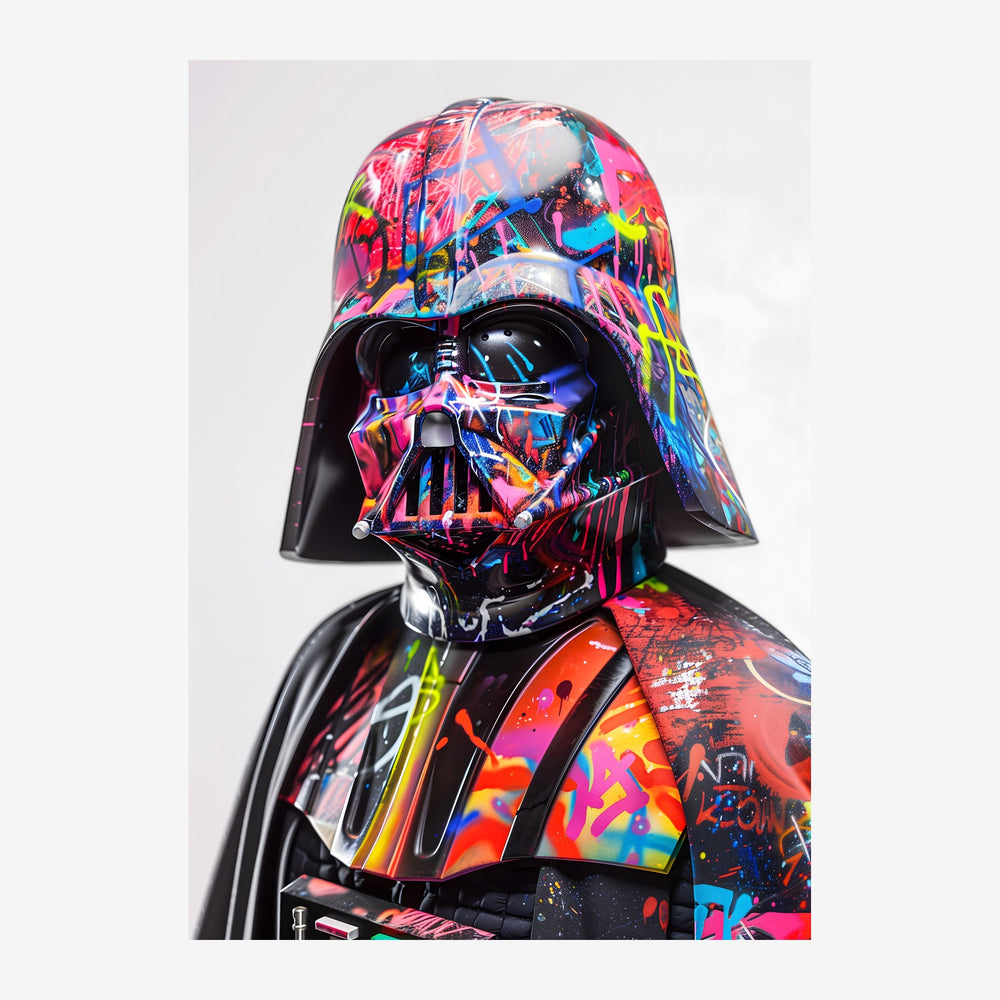 Figure stylisée de Darth Vador recouverte de graffitis pop art fluo roses, jaunes, bleus et oranges sur fond blanc.