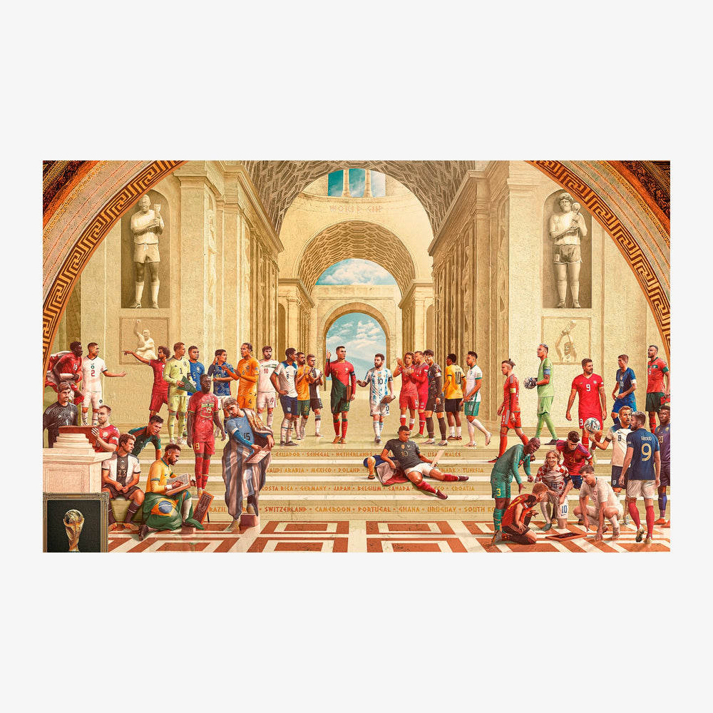 Des joueurs de football en maillots colorés jouent et discutent dans une galerie Renaissance aux arcades beige et.