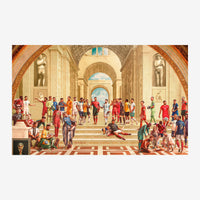 Des joueurs de football en maillots colorés jouent et discutent dans une galerie Renaissance aux arcades beige et.