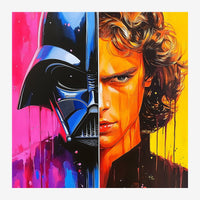 Affiche pop art divisée en deux moitiés : à gauche une silhouette noire sur dégradé rose et bleu, à droite un portrait.