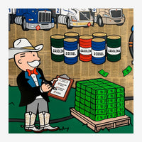 Un homme d'affaires en costume noir et chapeau blanc sourit largement, entouré de barils de essence et diesel colorés, d'une.