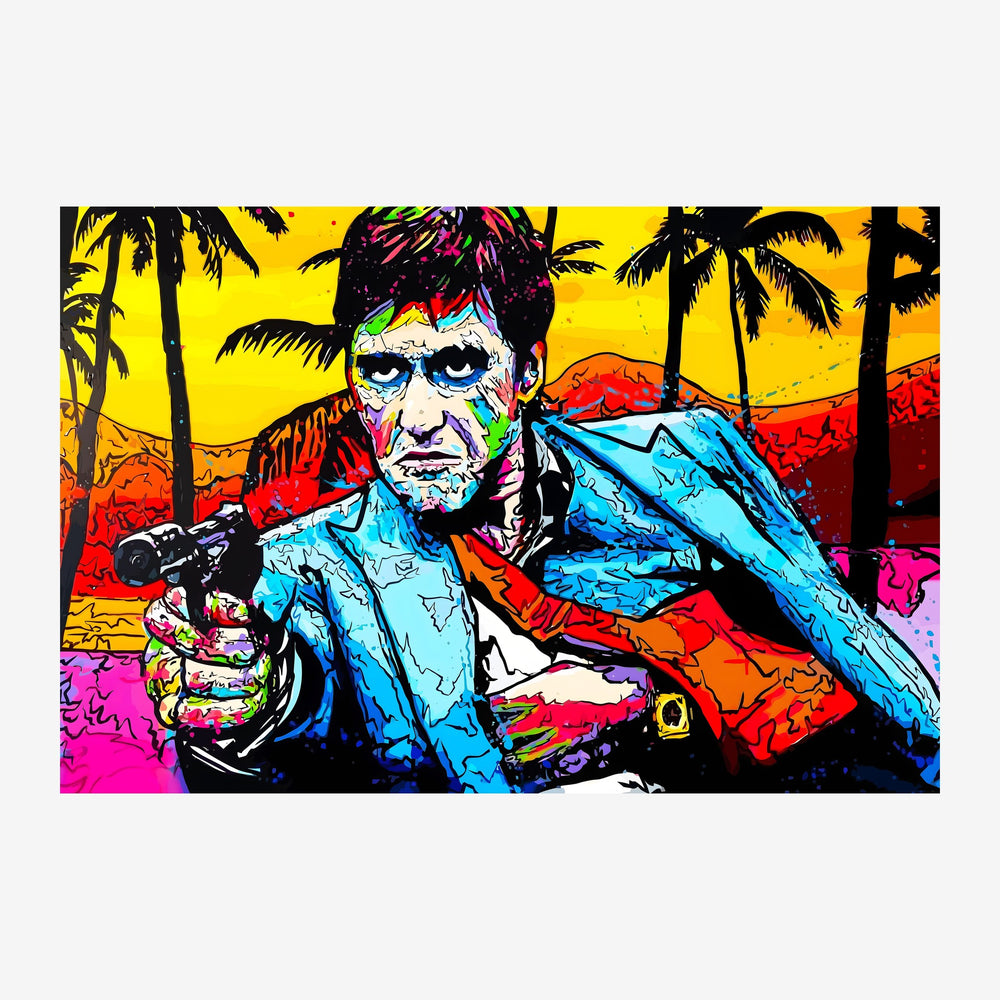 Portrait pop art d'un homme aux yeux bleus peint en couleurs vives — jaune, bleu, rouge et magenta — avec des palmiers noirs.