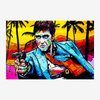Portrait pop art d'un homme aux yeux bleus peint en couleurs vives — jaune, bleu, rouge et magenta — avec des palmiers noirs.