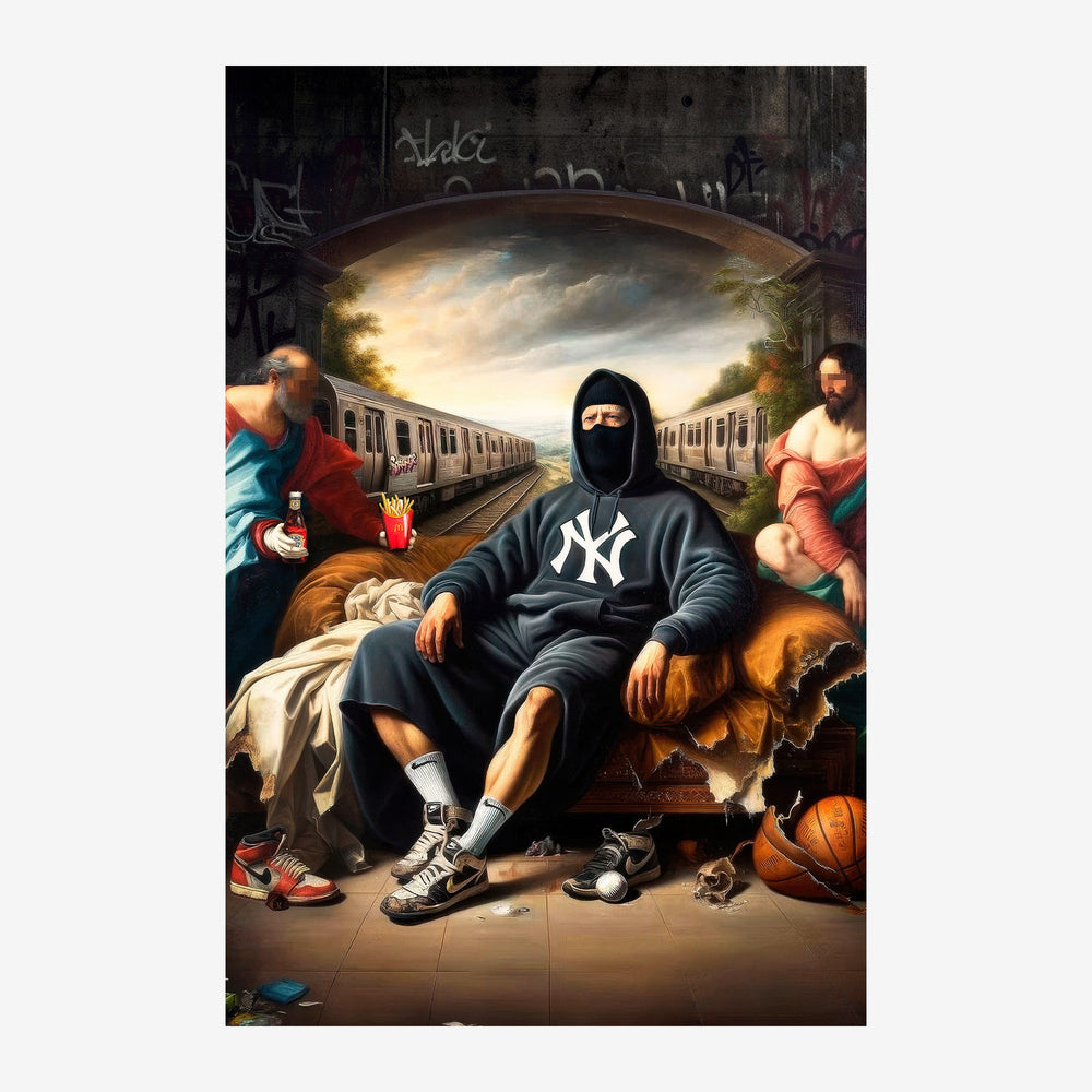 Composition pop-art montrant une figure centrale en hoodie noir hoodie blanc, assise entourée de personnages historiques.