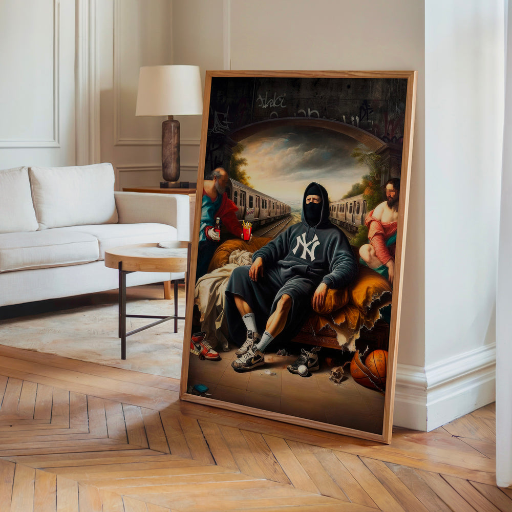 Le tableau accroché en situation dans un intérieur meublé.